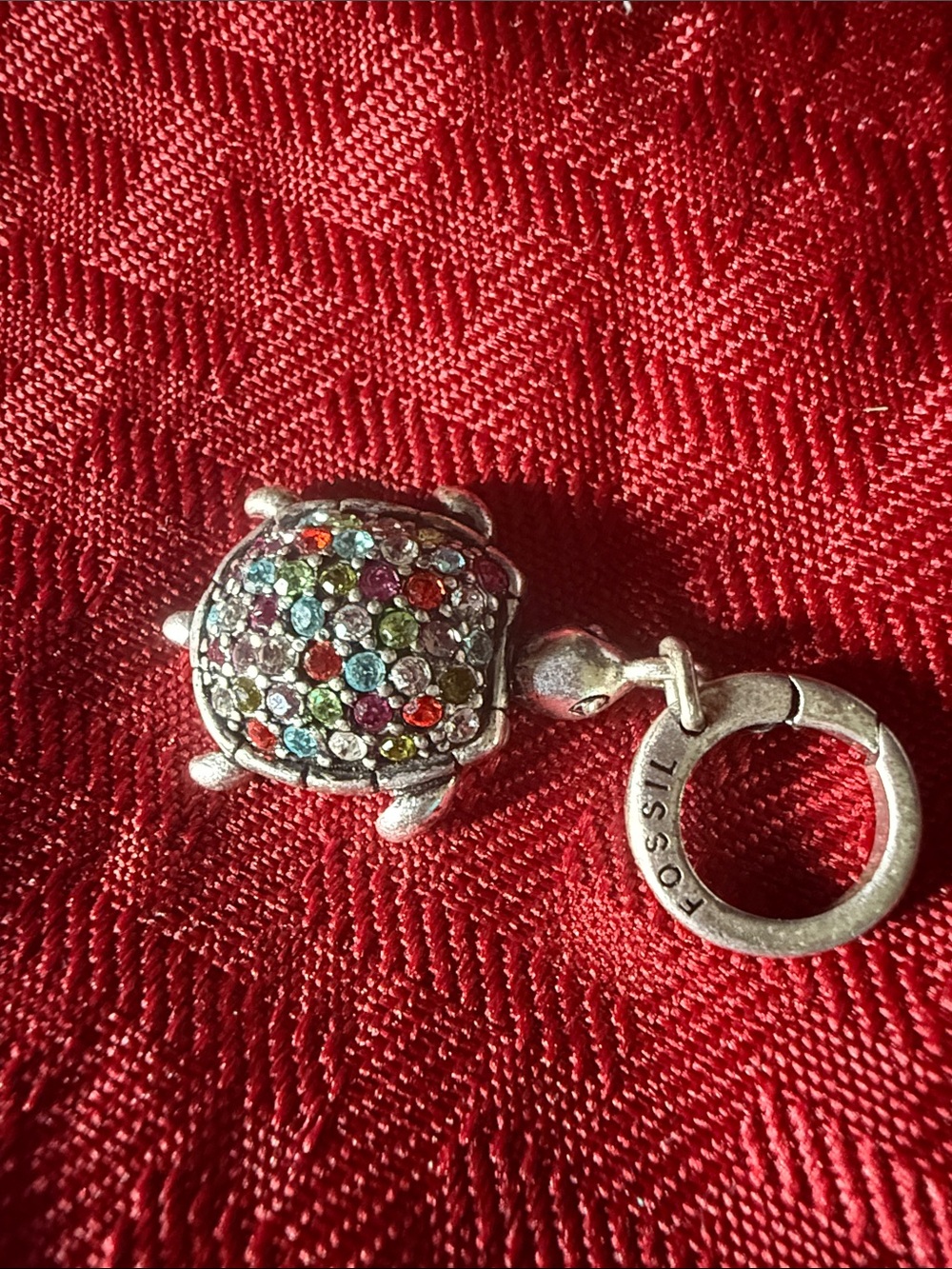 Fossil Silver Turtle Charm with Multicolored Crystals